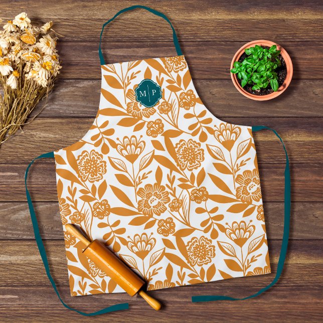 Monogram Country Style Bold Floral Pattern Yellow Apron (Monogram Country Style Bold FloralPattern Yellow Apron)