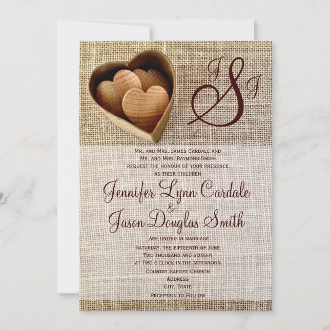 Monogram Country Wooden Hearts Burlap Wedding Invitation (Front)