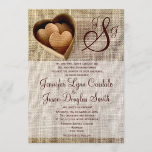 Monogram Country Wooden Hearts Burlap Wedding Invitation