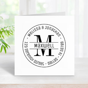Monogram Couple Family Round Address 2 Rubber Stamp