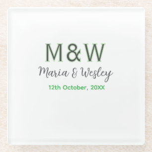Monogram couple grey green modern romantic date si glass coaster