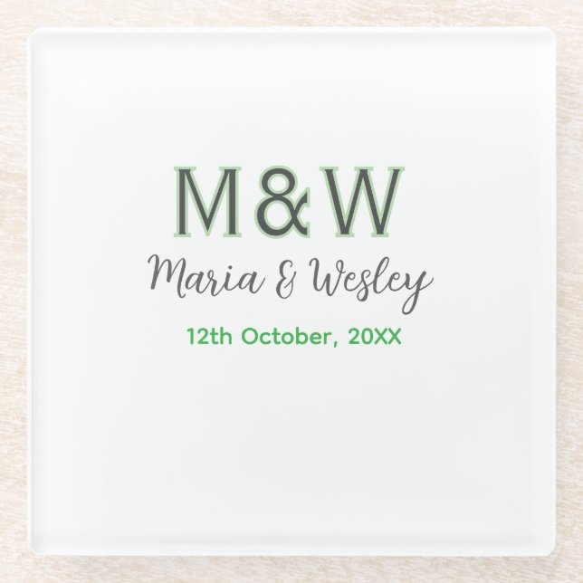 Monogram couple grey green modern romantic date si glass coaster (Front)