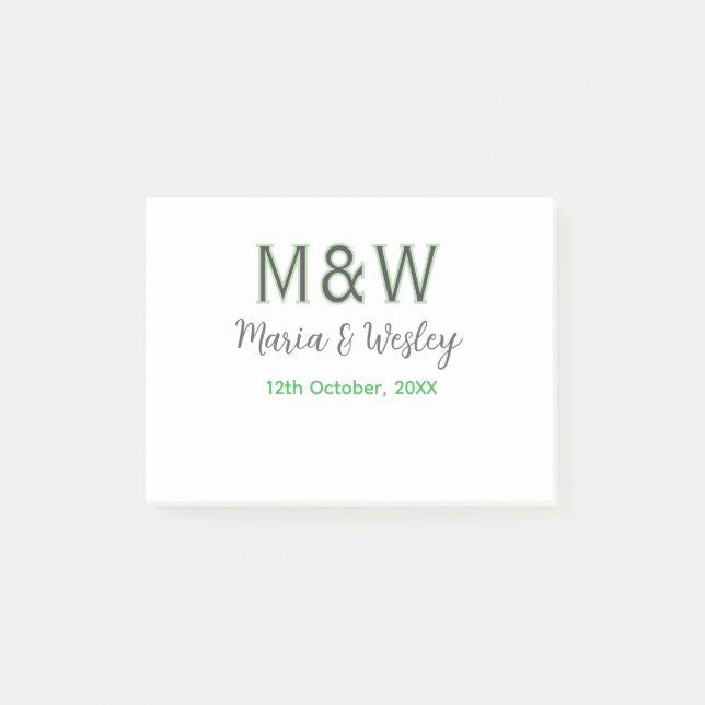 Monogram couple grey green modern romantic date si post-it notes (Front)