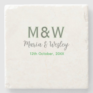 Monogram couple grey green modern romantic date si stone coaster