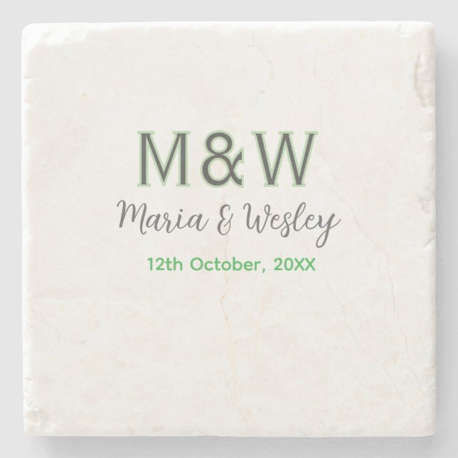 Monogram couple grey green modern romantic date si stone coaster (Front)
