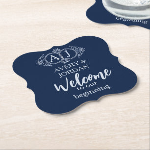 Monogram couple initials Welcome luxurious wedding Paper Coaster