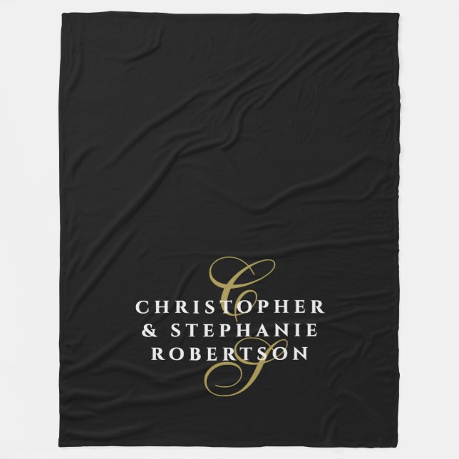 Monogram Couple Minimalist Black Gold White Chic Fleece Blanket (Front)