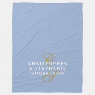 Monogram Couple Minimalist Blue Gold White Chic Fleece Blanket