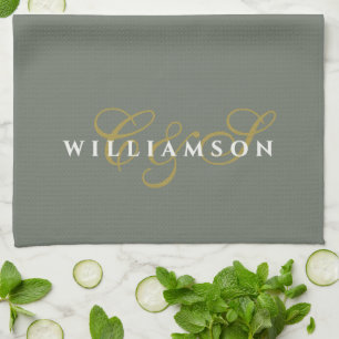 Monogram Couple Minimalist Olive Green Gold White Tea Towel