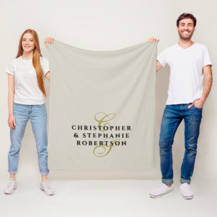Monogram Couple Minimalist Sand Beige Gold Black Fleece Blanket