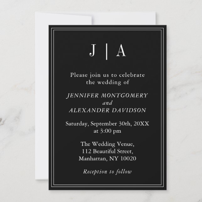 Monogram Couple Name Modern Simple Black And White Invitation (Front)