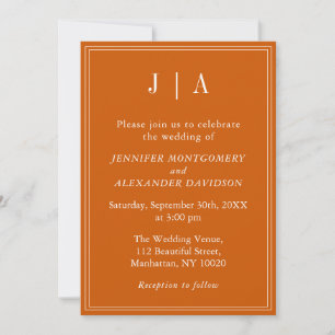 Monogram Couple Name Simple Burnt Orange And White Invitation
