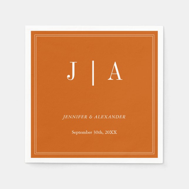 Monogram Couple Name Simple Burnt Orange And White Napkin (Front)