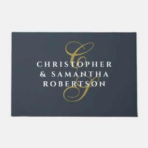 Monogram Couple Navy Blue Gold White Minimalist  Doormat
