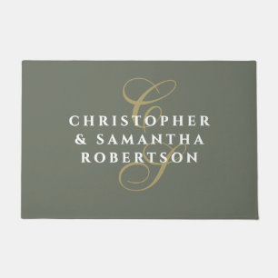Monogram Couple Olive Green Gold White Minimalist Doormat