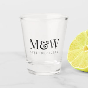 Monogram Couple's Black Modern Wedding Shot Glass