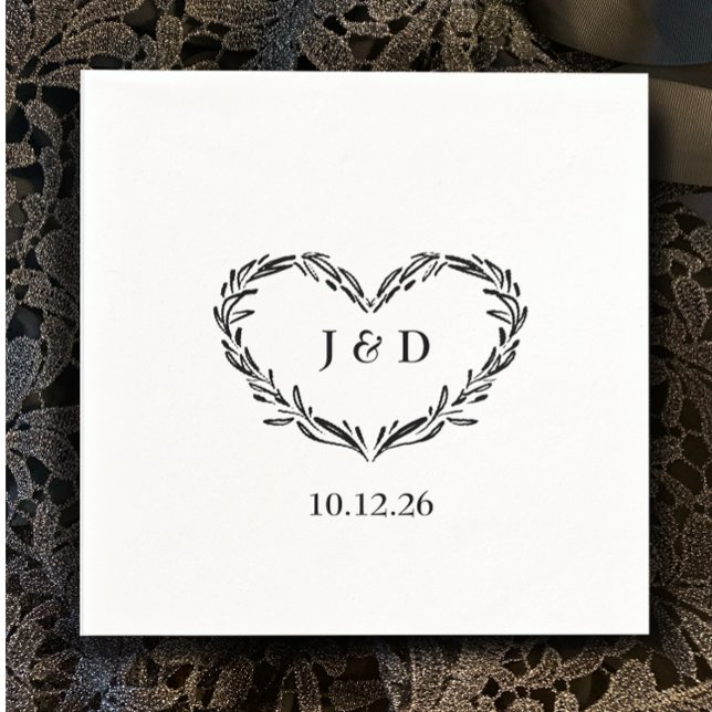 Monogram Couple's Initials Date Hand Drawn Heart   Napkin (Add your initials for custom monogrammed napkins. Botanical hand drawn heart wedding napkin
)
