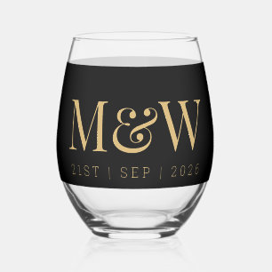 Monogram Couple's Modern Gold Black Wedding Stemless Wine Glass
