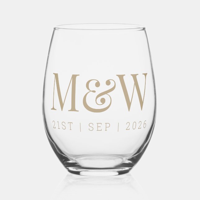 Monogram Couple's Modern Initials Gold Wedding Stemless Wine Glass (Front)