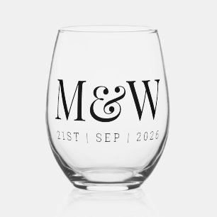Monogram Couple's Modern Initials Wedding Stemless Wine Glass