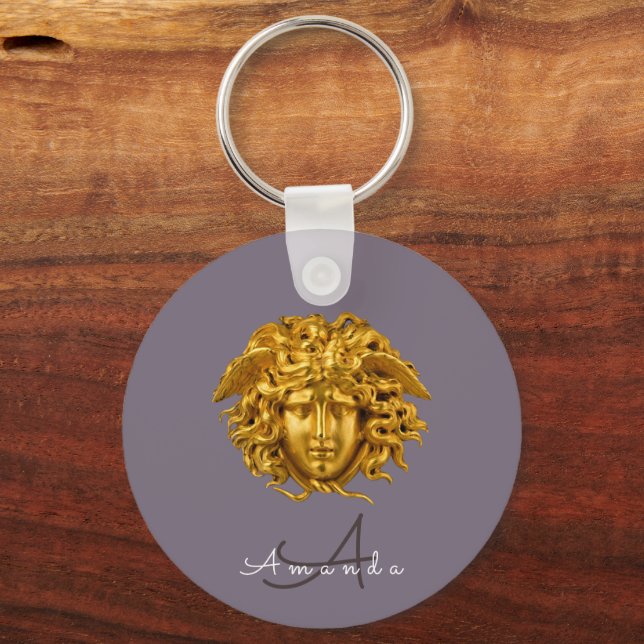 Monogram Couture Gold Medusa Mask Dusky Purple Key Ring (Front)
