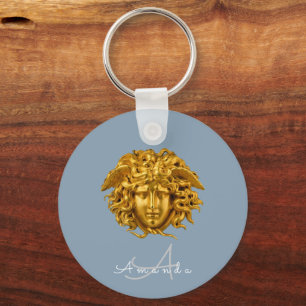 Monogram Couture Gold Medusa Mask Dusty Blue Key Ring
