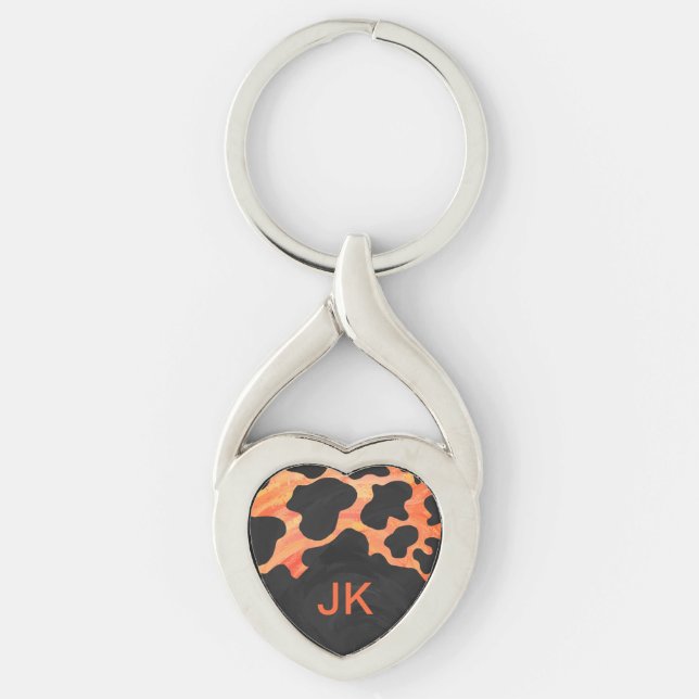 Monogram Cow Black and Orange Print Key Ring (Front)