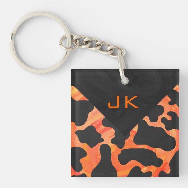 Monogram Cow Black and Orange Print Key Ring (Front)