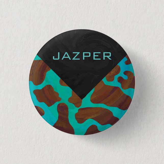 Monogram Cow Brown and Teal Print 3 Cm Round Badge (Front)