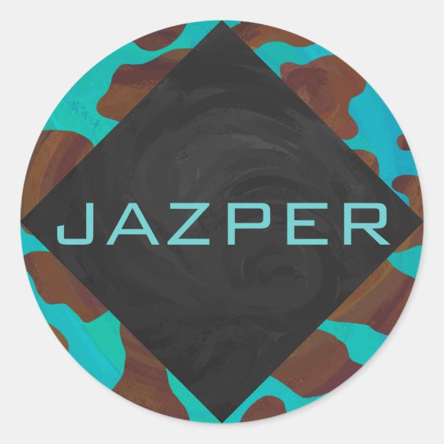 Monogram Cow Brown and Teal Print Classic Round Sticker (Front)