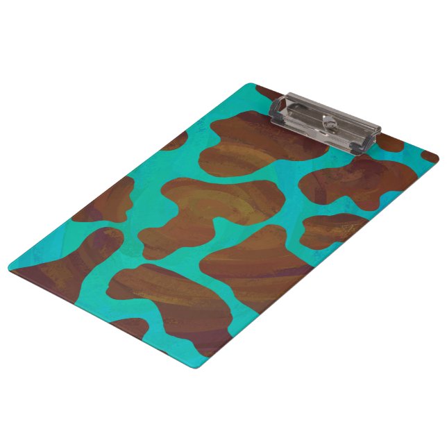 Monogram Cow Brown and Teal Print Clipboard (Angled)