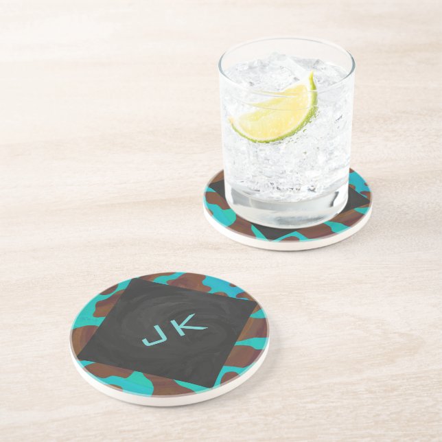 Monogram Cow Brown and Teal Print Coaster (Side)