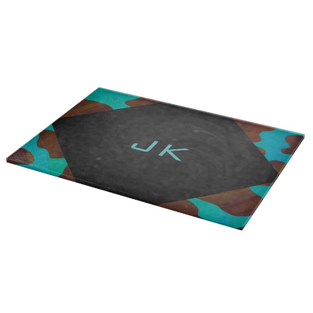 Monogram Cow Brown and Teal Print Cutting Board (Corner)