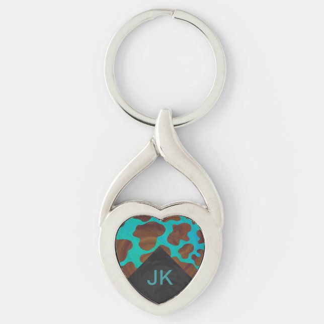Monogram Cow Brown and Teal Print Key Ring (Front)