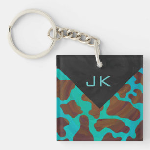 Monogram Cow Brown and Teal Print Key Ring