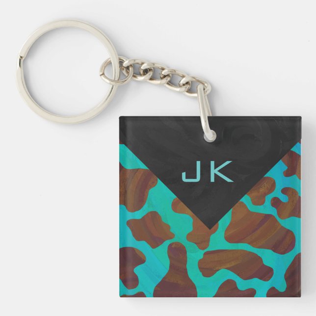 Monogram Cow Brown and Teal Print Key Ring (Front)