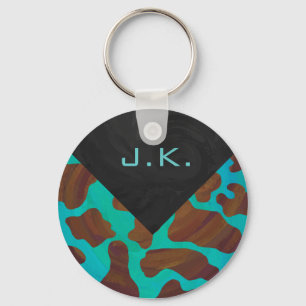 Monogram Cow Brown and Teal Print Key Ring