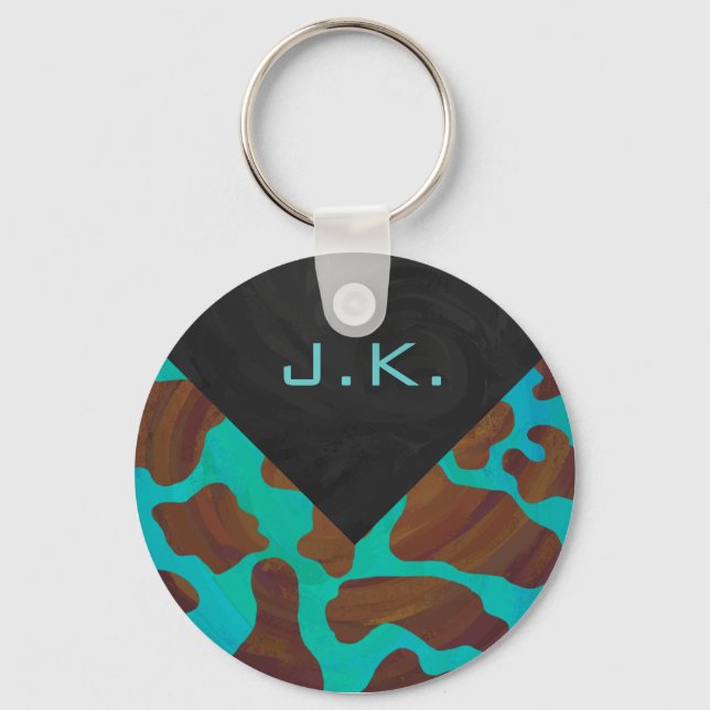 Monogram Cow Brown and Teal Print Key Ring (Front)