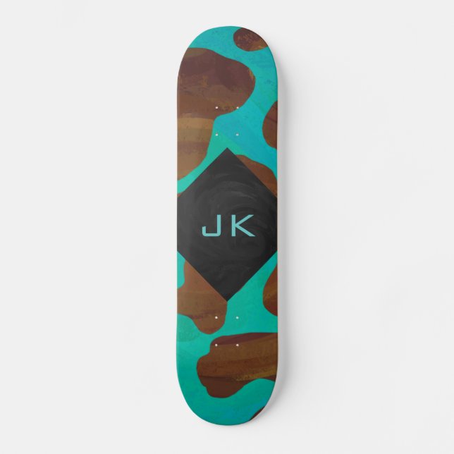 Monogram Cow Brown and Teal Print Skateboard (Front)