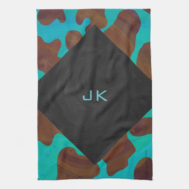 Monogram Cow Brown and Teal Print Tea Towel (Vertical)
