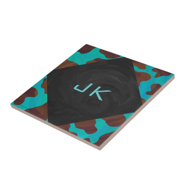 Monogram Cow Brown and Teal Print Tile (Side)
