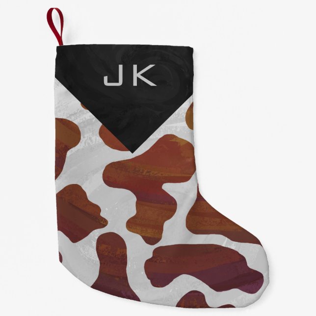 Monogram Cow Brown and White Print Pattern Small Christmas Stocking (Front)