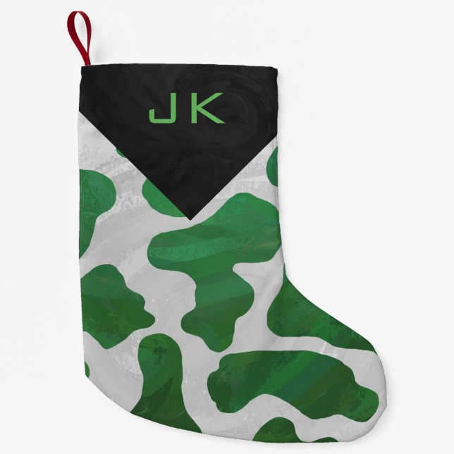 Monogram Cow Green and White Print Pattern Small Christmas Stocking (Front)