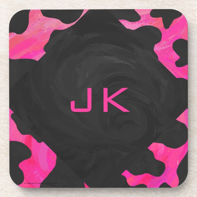 Monogram Cow Hot Pink and Black Print Coaster (Front)