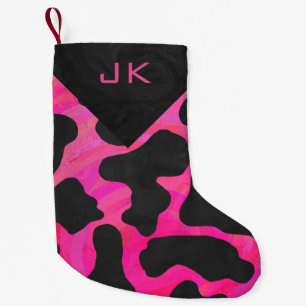 Monogram Cow Hot Pink and Black Print Pattern Small Christmas Stocking