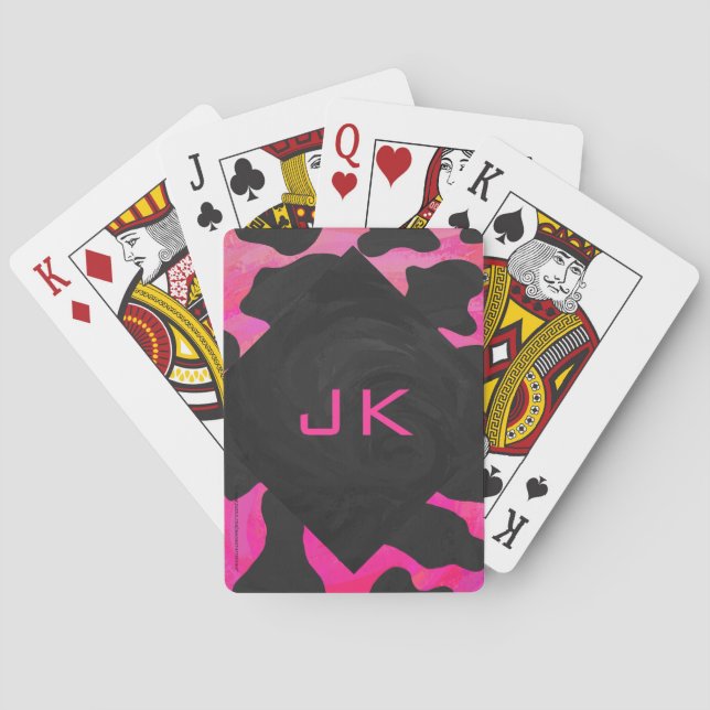 Monogram Cow Hot Pink and Black Print Playing Cards (Back)