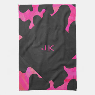 Monogram Cow Hot Pink and Black Print Tea Towel
