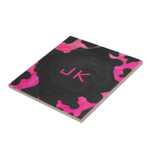 Monogram Cow Hot Pink and Black Print Tile