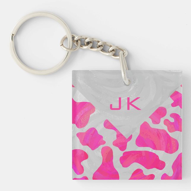 Monogram Cow Hot Pink and White Print Key Ring (Front)