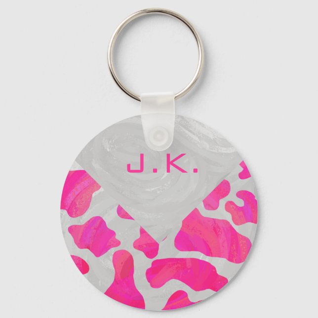 Monogram Cow Hot Pink and White Print Key Ring (Front)